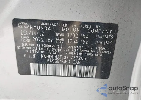 2013 Hyundai Elantra Gls from USA, damaged, VIN KMHDH4AE0DU737205